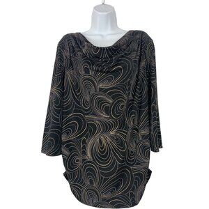 Laura Ashley Women's Cowl Neck Ruched Black & Gold Metallic Swirl Print Blouse